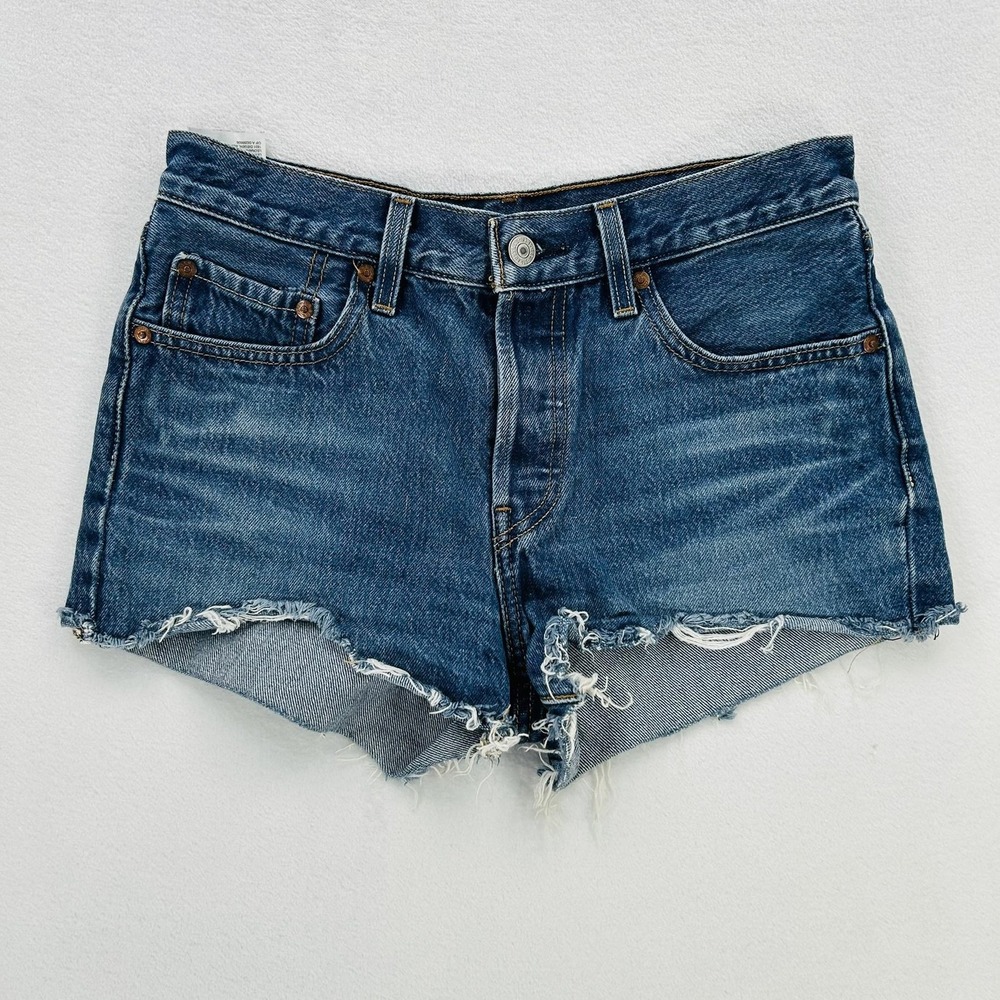 Levi's 501 Shorts Womens W27 Blue Denim Button Fly High Rise Cutoff Frayed